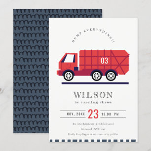 Red Garbage Truck Kids Any Age Birthday Invite