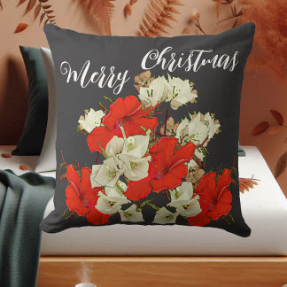 Red Garden Hibiscus Merry Christmas Floral Blooms  Cushion