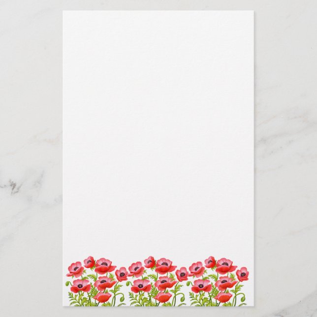 Red Garden Poppy Flowers Stationery (Front)