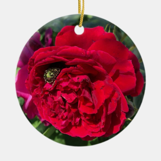 Red garden rose and bug ceramic tree decoration (Front)