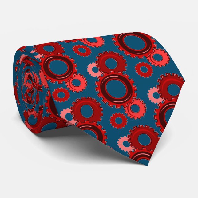 Red Gears on Navy Blue Mechanical Industrial Tie (Rolled)