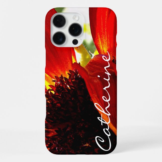 Red gebera daisy photo add your name script bold iPhone case (Back)