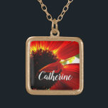 Red gebera daisy photo custom name script modern gold plated necklace<br><div class="desc">A close-up photo of a vibrant red-orange and yellow daisy will remind you of a warm, summer's day. Relax and experience the joy of this photograph whenever you wear this stunning, beautiful photography personalised name charm necklace. This necklace comes in small, medium and large sizes, as well as both square...</div>