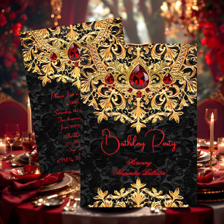 Red Gems Gold Black Lace Damask Birthday Party Invitation
