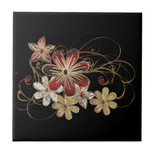 Red Gemstone Flowers - Beautiful Golden Jewel Tile