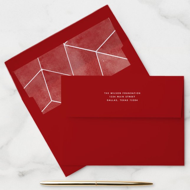 Red Geometric Gala Return Address Envelope (Red return address envelope with watercolor geometric liner.)
