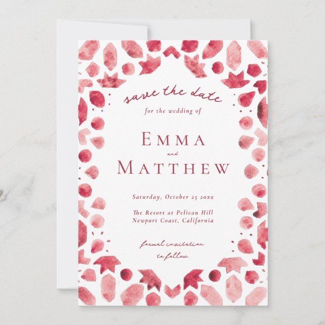 Red Geometric Intricate Pattern with QR Save The Date (Front)