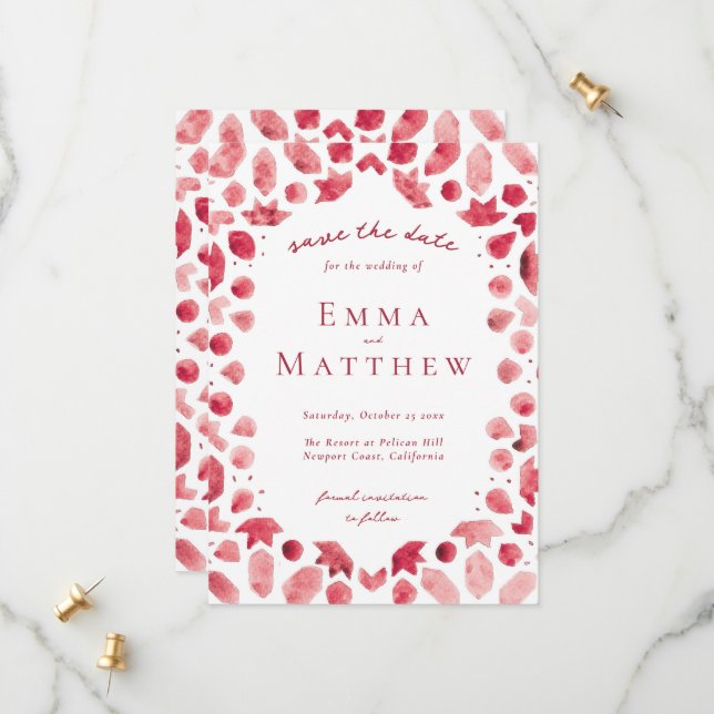 Red Geometric Intricate Pattern with QR Save The Date (Front/Back In Situ)