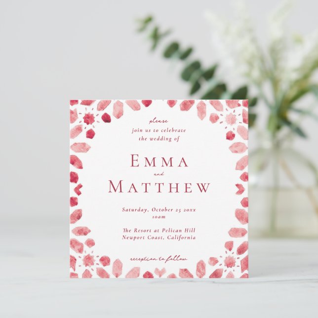 Red Geometric Moroccan Tile Square Wedding Invitation (Standing Front)