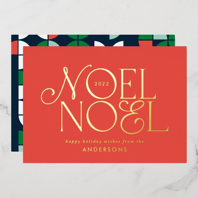 Red geometric Noel script elegant modern  Foil Holiday Card (Front/Back)