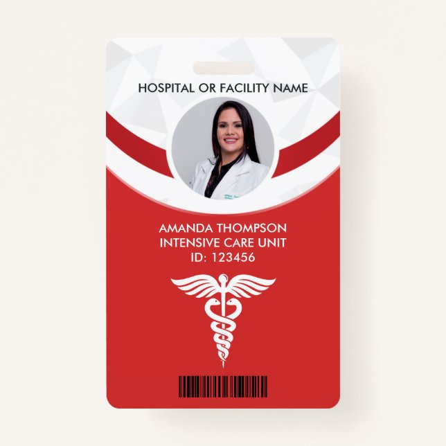 Red Geometric Nurse Photo ID ID Badge (Front)