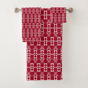 Red geometric ornament pattern retro bath towel set