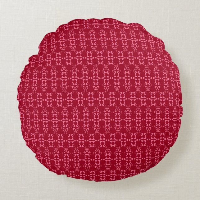 Red geometric ornament pattern retro round cushion (Front)