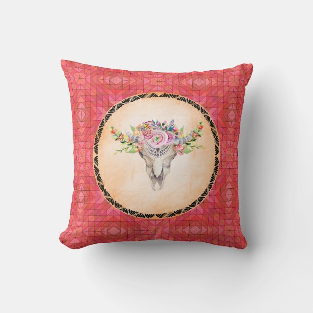 Red Geometric Pattern With Floral Cow Skull Cushion (Front)