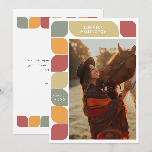 Red Geometric Retro Frame Photo 2022 Graduation Announcement (Front/Back)