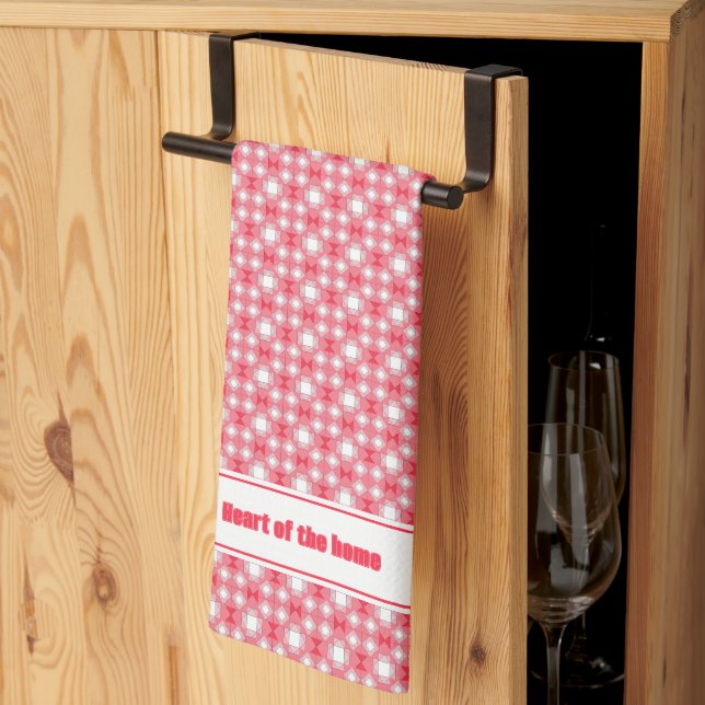 Red Geometrical pattern custom text Tea Towel (Thirds Fold)