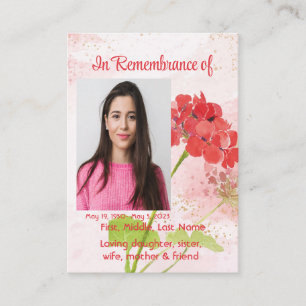 Red Geranium Memorial Pocket Keepsake Business Card