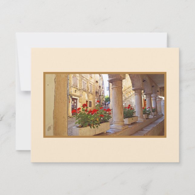 RED GERANIUMS AT COLONNADE/CROATIA Flat Note Card (Front)