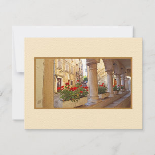 RED GERANIUMS AT COLONNADE/CROATIA Flat Note Card