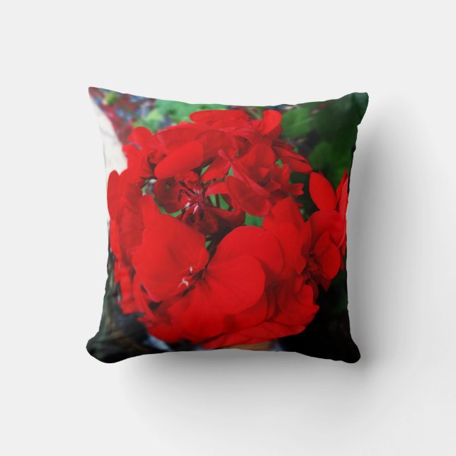 Red Geraniums Floral Pillow by Sharles (Front)