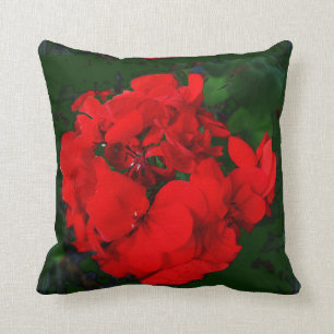 Red Geraniums Green Pillow by Sharles