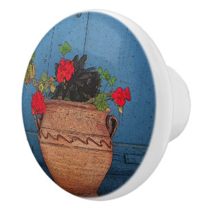 RED GERANIUMS, TERRA COTTA POT, BLUE DOOR CERAMIC KNOB