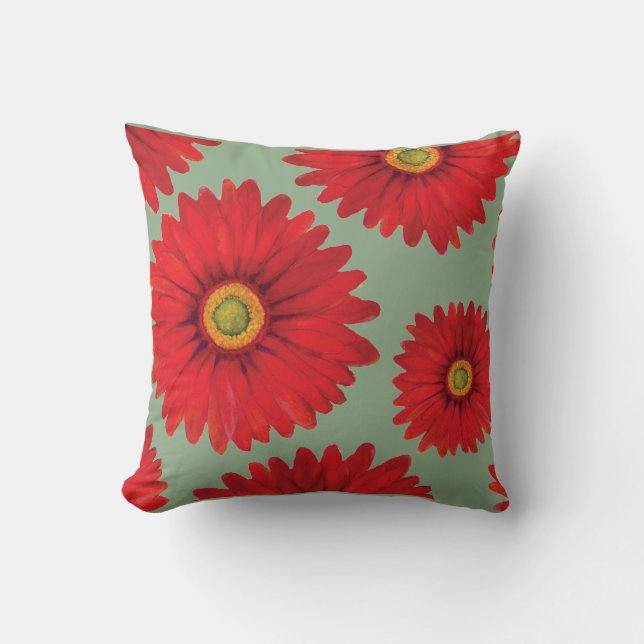 Red Gerba Hand-Painted Teal Cushion (Front)