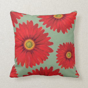 Red Gerba Hand-Painted Teal Cushion