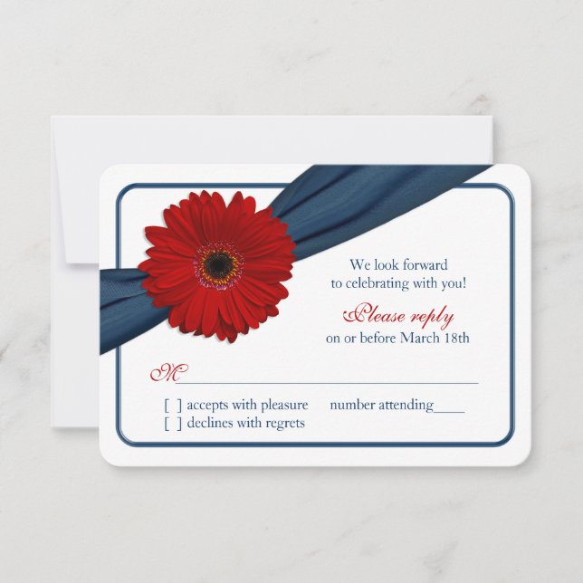 Red Gerber Daisy Navy Blue Ribbon Wedding RSVP (Front)