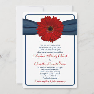 Red Gerber Daisy Navy Ribbon Wedding Invitation