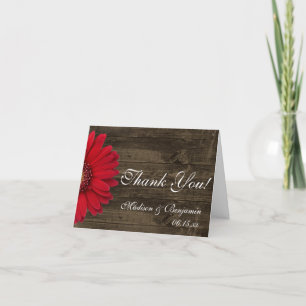Red Gerber Daisy Rustic Wedding Thank You Cards