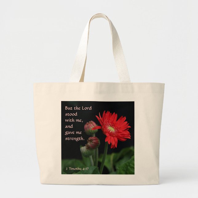 Red Gerbera Daisy Bible Verse about God's Strength Large Tote Bag (Front)