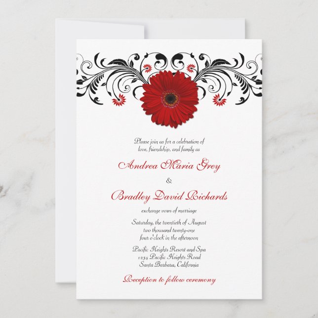 Red Gerbera Daisy Black Floral Wedding Invitation (Front)