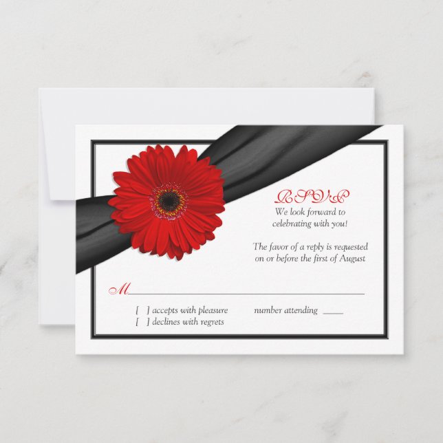 Red Gerbera Daisy Black Ribbon Wedding Reply Card (Front)