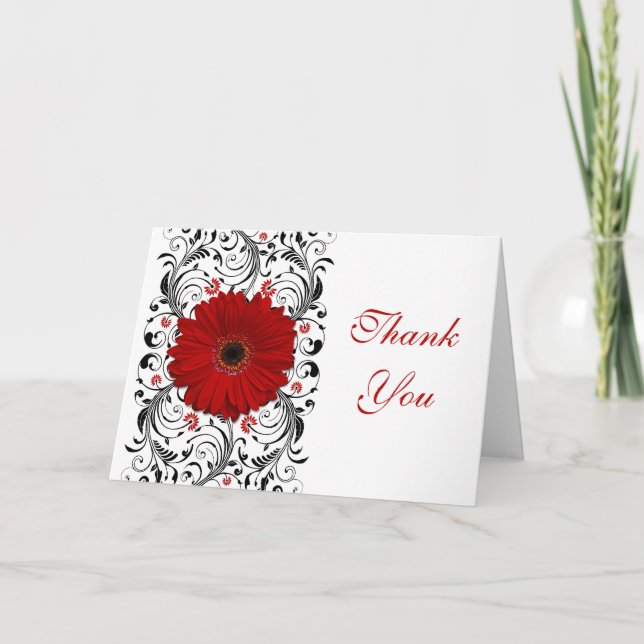 Red Gerbera Daisy Floral Wedding Thank You Card (Front)
