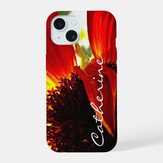 Red gerbera daisy flower photo script custom name iPhone 15 case (Back)