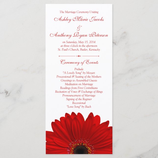Red Gerbera Daisy Flower White Wedding Program Programme (Front)