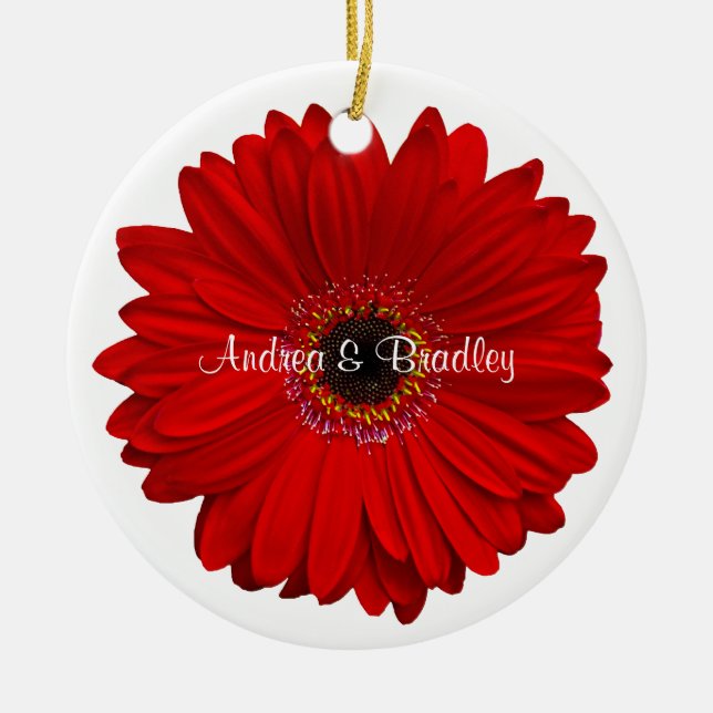 Red Gerbera Daisy Personalised Wedding Anniversary Ceramic Tree Decoration (Front)