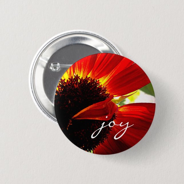 Red Gerbera Daisy Photo Joy Script Bold Modern 6 Cm Round Badge (Front & Back)