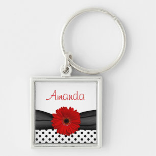 Red Gerbera Daisy Polka Dot Custom Name Keychain