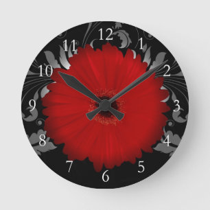 Red Gerbera Daisy w/Swirl Round Clock