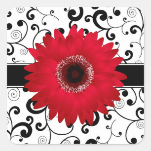 Red Gerbera Daisy with Black Scroll Design Seal