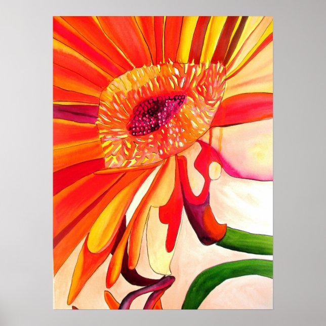 Red Gerbera flower watercolor painting art Poster (Front)
