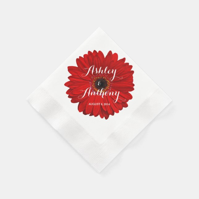 Red Gerbera Gerber Daisy Personalised Wedding Napkin (Corner)
