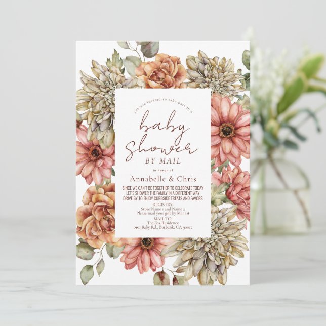 Red Gerbera & White Dahlia Baby Shower by Mail Invitation (Standing Front)