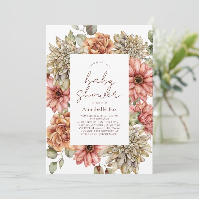 Red Gerbera & White Dahlia Baby Shower Invitation (Standing Front)