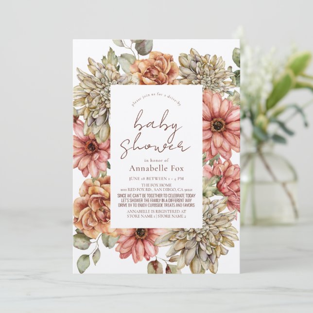 Red Gerbera & White Dahlia Drive-by Baby Shower Invitation (Standing Front)