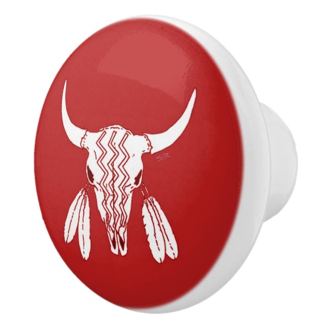 Red Ghost Dance Buffalo ceramic knob (Right)