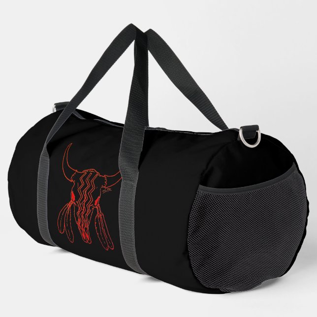 Red Ghost Dance Buffalo line black duffel bag (Right Corner)