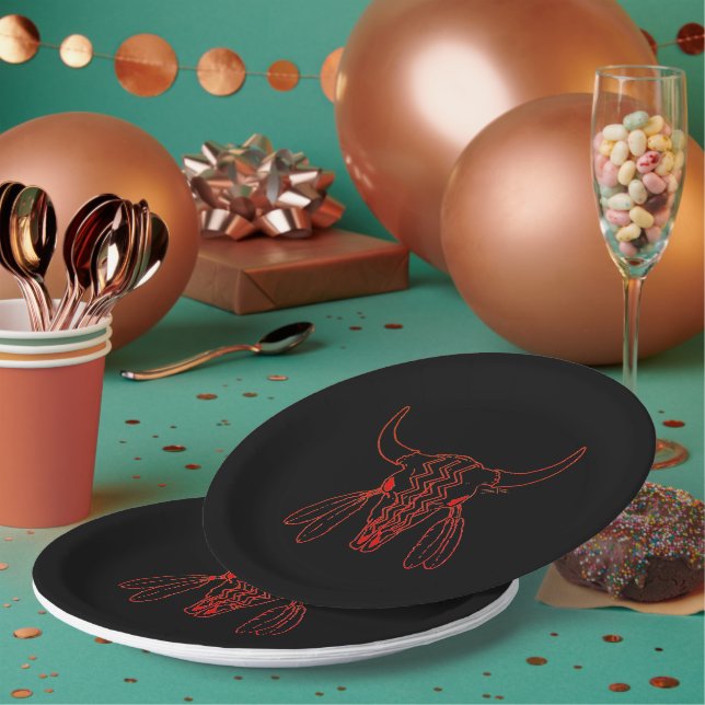 Red Ghost Dance Buffalo line black lg paper plates (Multi)